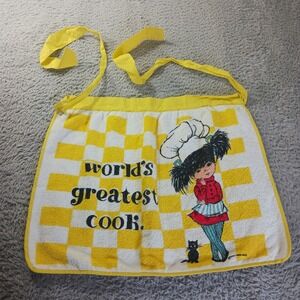 Vintage Worlds Greatest Cook Terry Cloth Half Apron Yellow Checkered Graphic 70s
